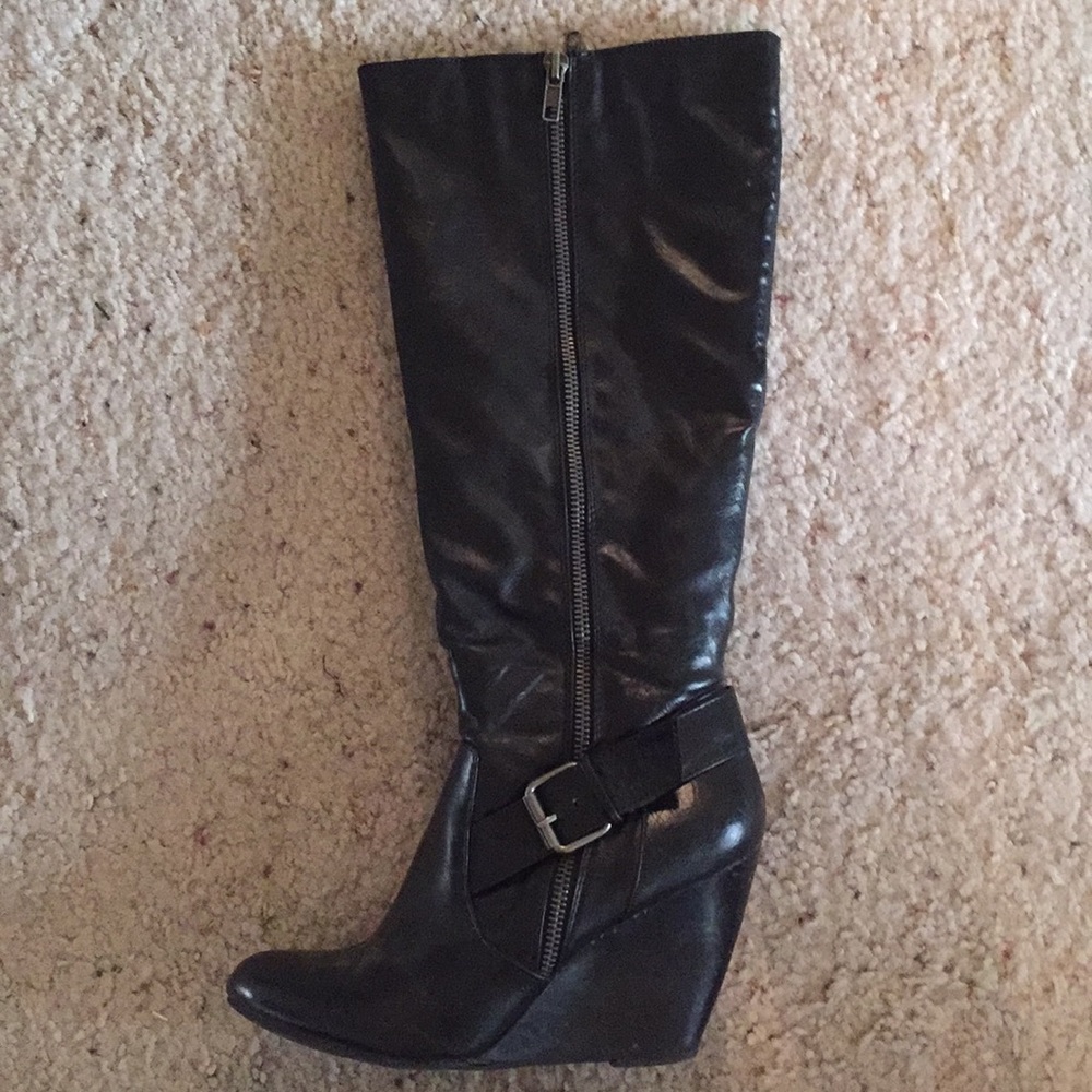 Black Leather Knee High Wedge Boots